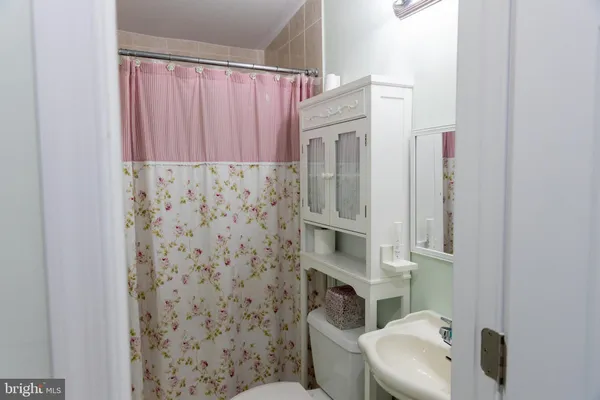 a bathroom with a toilet and shower curtain