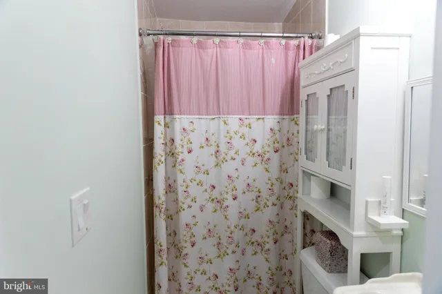 a bathroom with a shower curtain and a sink