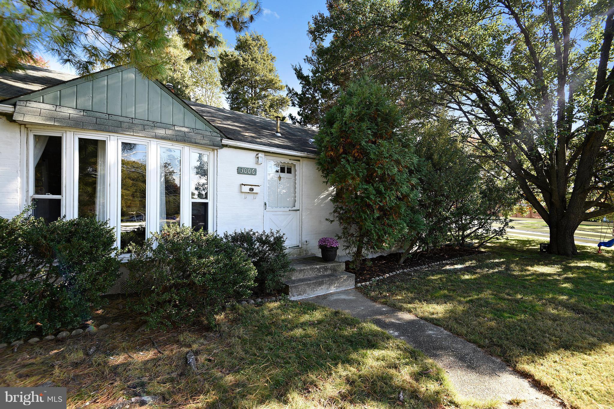 a backyard of a house with plants and large tree