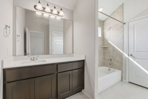 a bathroom with a tub a double vanity sink and mirror