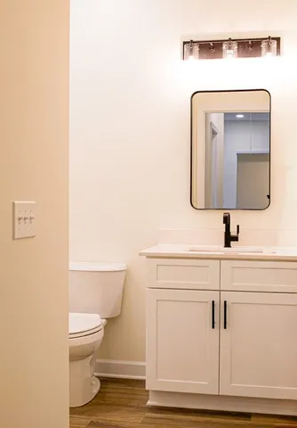a bathroom with a toilet a sink and mirror