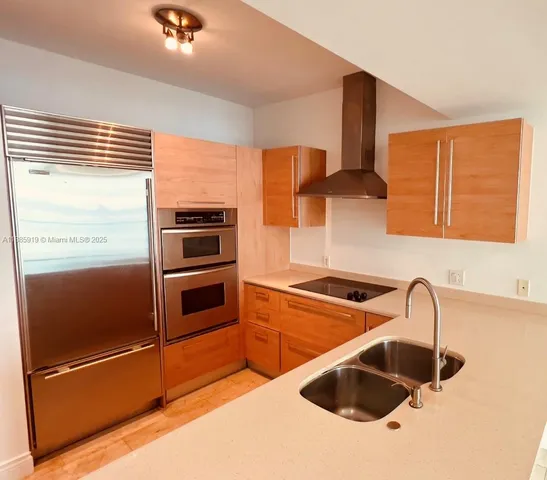 a kitchen with stainless steel appliances a stove and a microwave