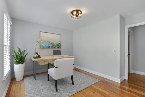 a view of a room with wooden floor and potted plant