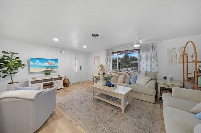 a living room with furniture and a potted plant