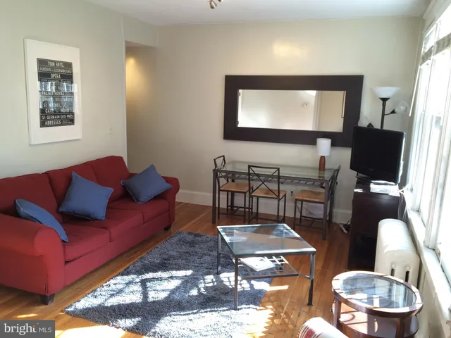 a living room with furniture a rug and a window