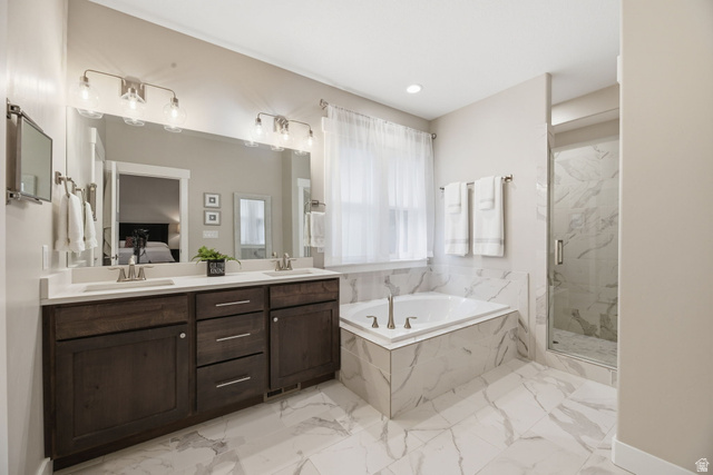 2109 Sunflower Lane Mapleton, UT 84664 - Photo 28 of 43 Primary Suite Bathroom w/Large Tub &Large Marble Walk in Shower w/Bench & Frameless Glass Door