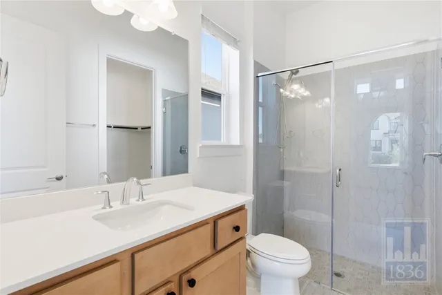 a bathroom with a sink toilet vanity and shower