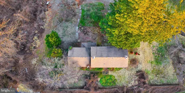 an aerial view of a house with a yard and large trees