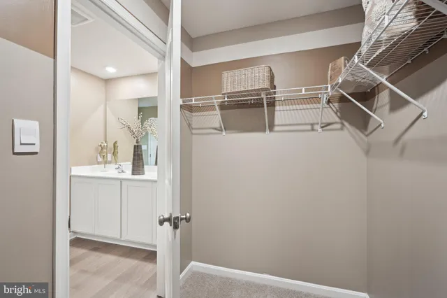 a bedroom with a double vanity sink and mirror