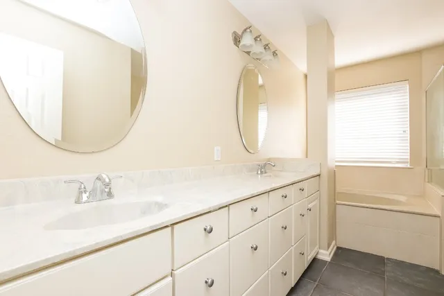 a bathroom with a sink vanity and a mirror