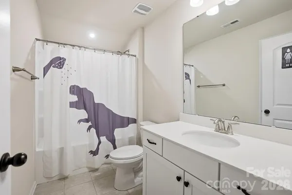a bathroom with a sink a toilet and shower curtain