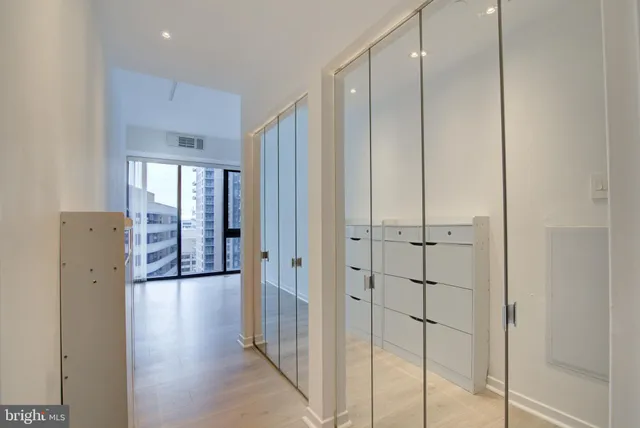 a storage room with wooden floor