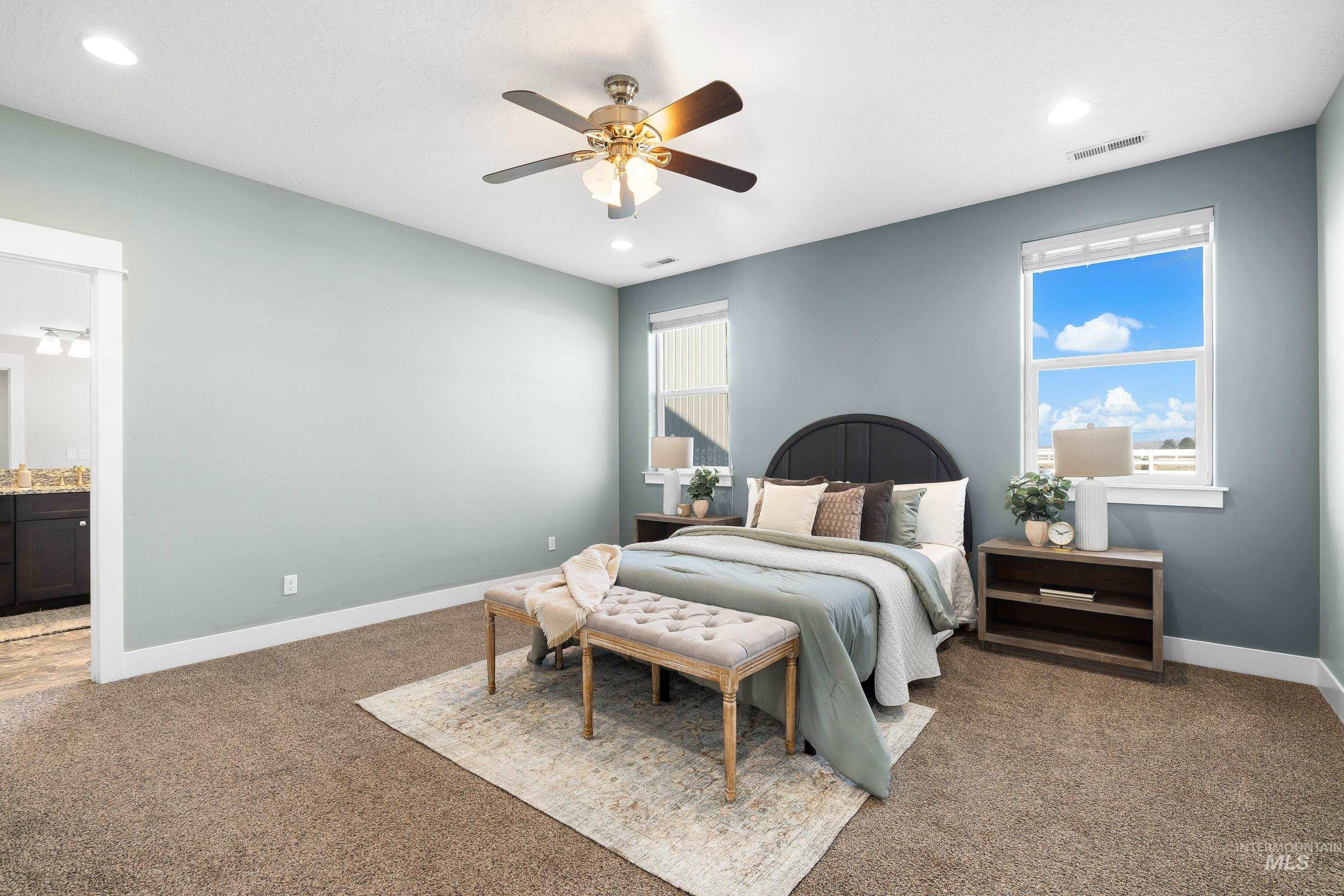 8018 Plumberry Court Middleton, ID 83644 - Photo 26 of 50 Carpeted bedroom with recessed lighting, a ceiling fan, and ensuite bath