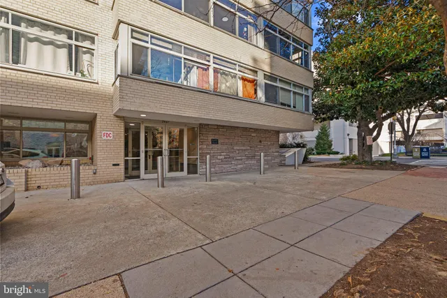 front view of a building with a street