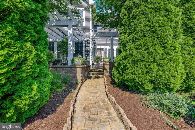 an aerial view of a house with a backyard