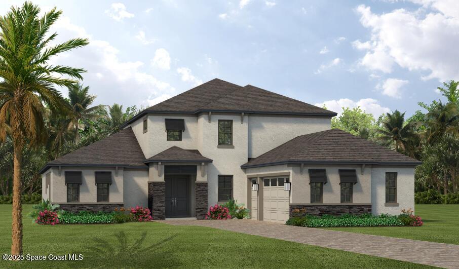 a front view of a house with a garden and plants