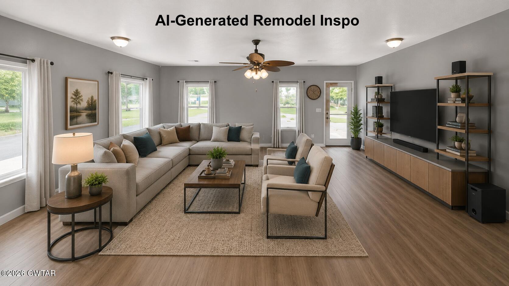 1818 Mason Hall Trimble Road Kenton, TN 38233 - Photo 15 of 56 a living room with furniture a ceiling fan and a flat screen tv