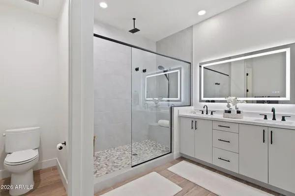 a bathroom with a sink a toilet and shower