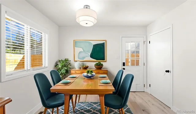 a view of a dining room with furniture and window