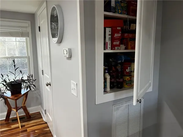 a view of a hallway with wooden floor and a potted plant