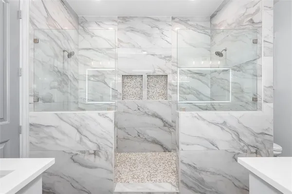 a bathroom with shower