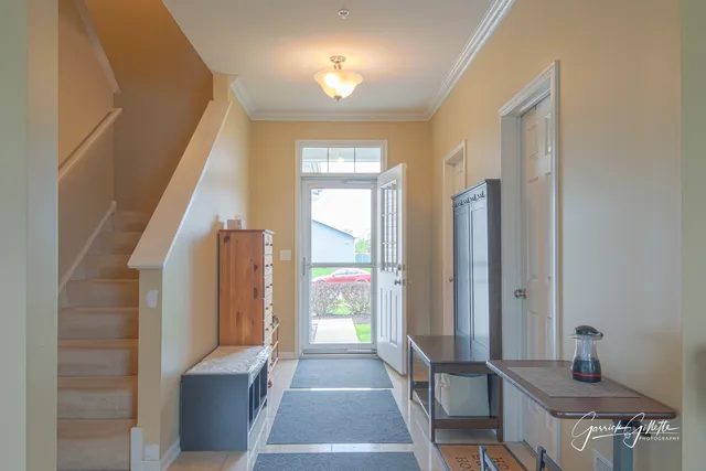 a view of a room with windows