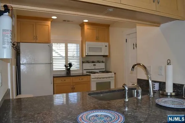 a kitchen with stainless steel appliances granite countertop a sink refrigerator and cabinets