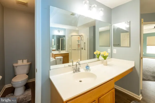 a bathroom with a toilet sink and mirror