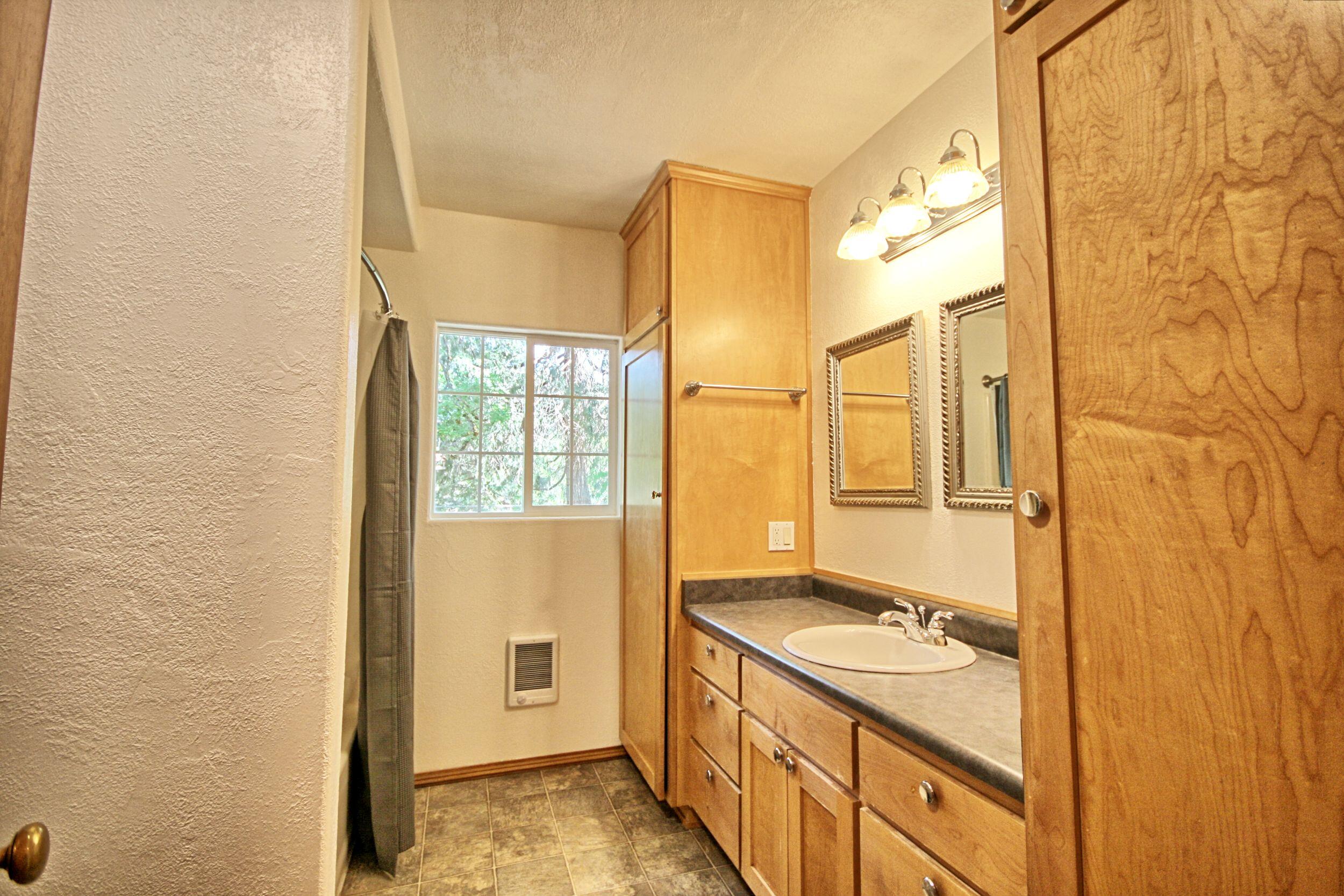199 Powell Creek Road Williams, OR 97544 - Photo 33 of 57 a bathroom with a sink a mirror and a shower