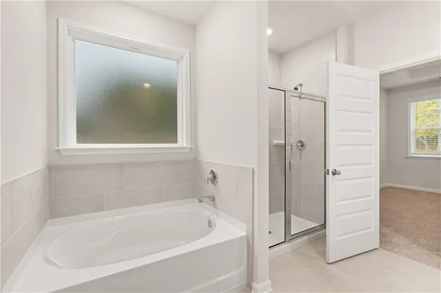 a bathroom with a shower and a bath tub