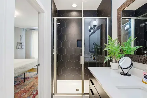 a bathroom with a bathtub