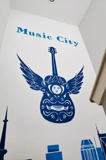 a city view with tall buildings