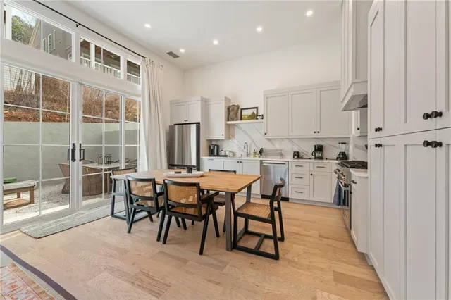 a view of a dining room with furniture