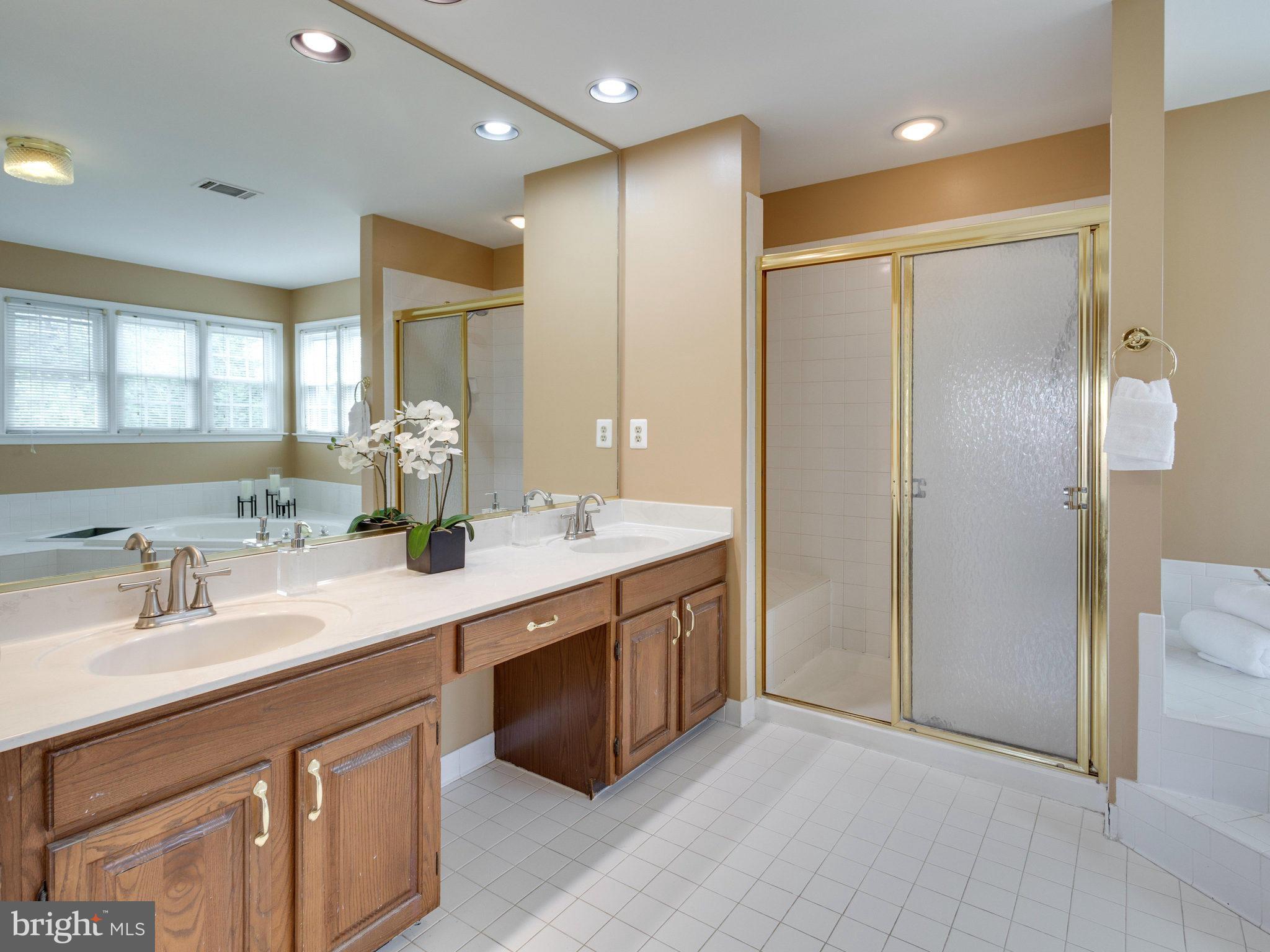 6564 Forsythia Street Springfield, VA 22150 - Photo 17 of 30 a bathroom with a double vanity sink a mirror and a shower