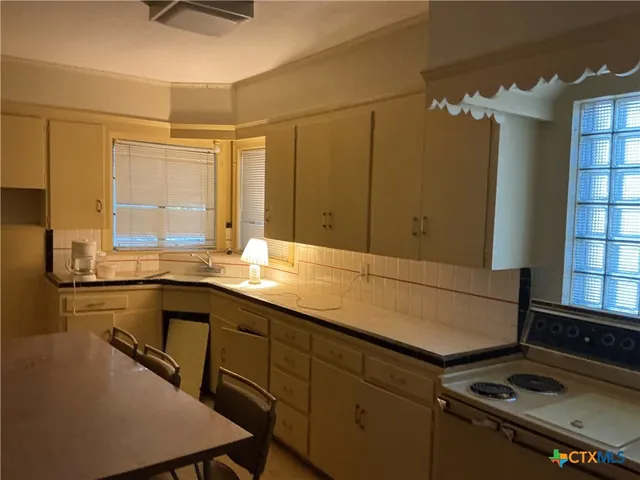 a kitchen with a sink appliances and cabinets