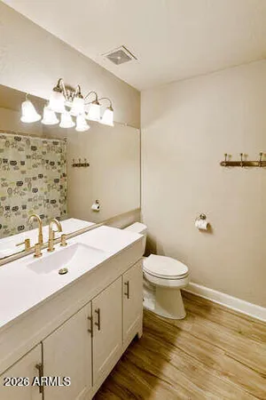 a bathroom with a sink a toilet and mirror
