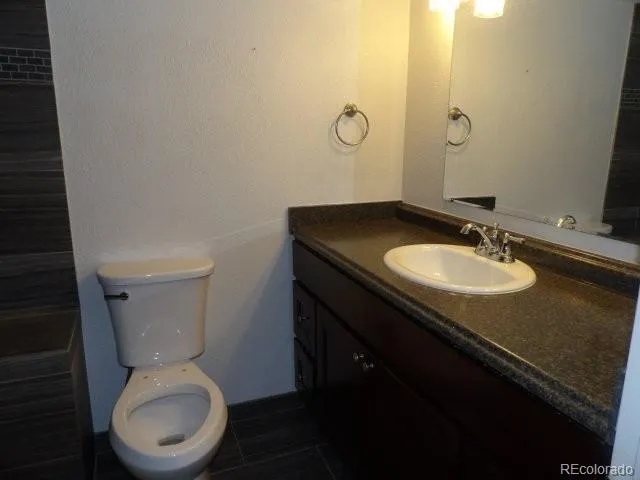 a bathroom with a shower a toilet and a black gate