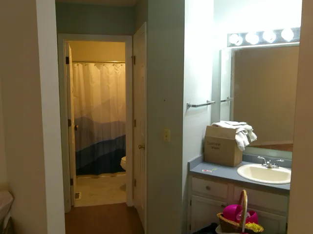 a bathroom with a sink and mirror