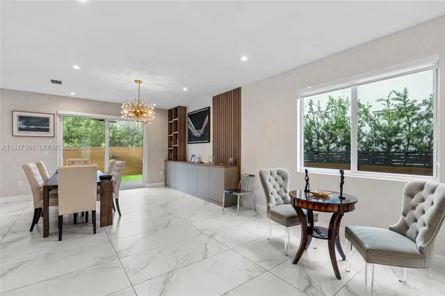 a view of a dining room with furniture window and outside view