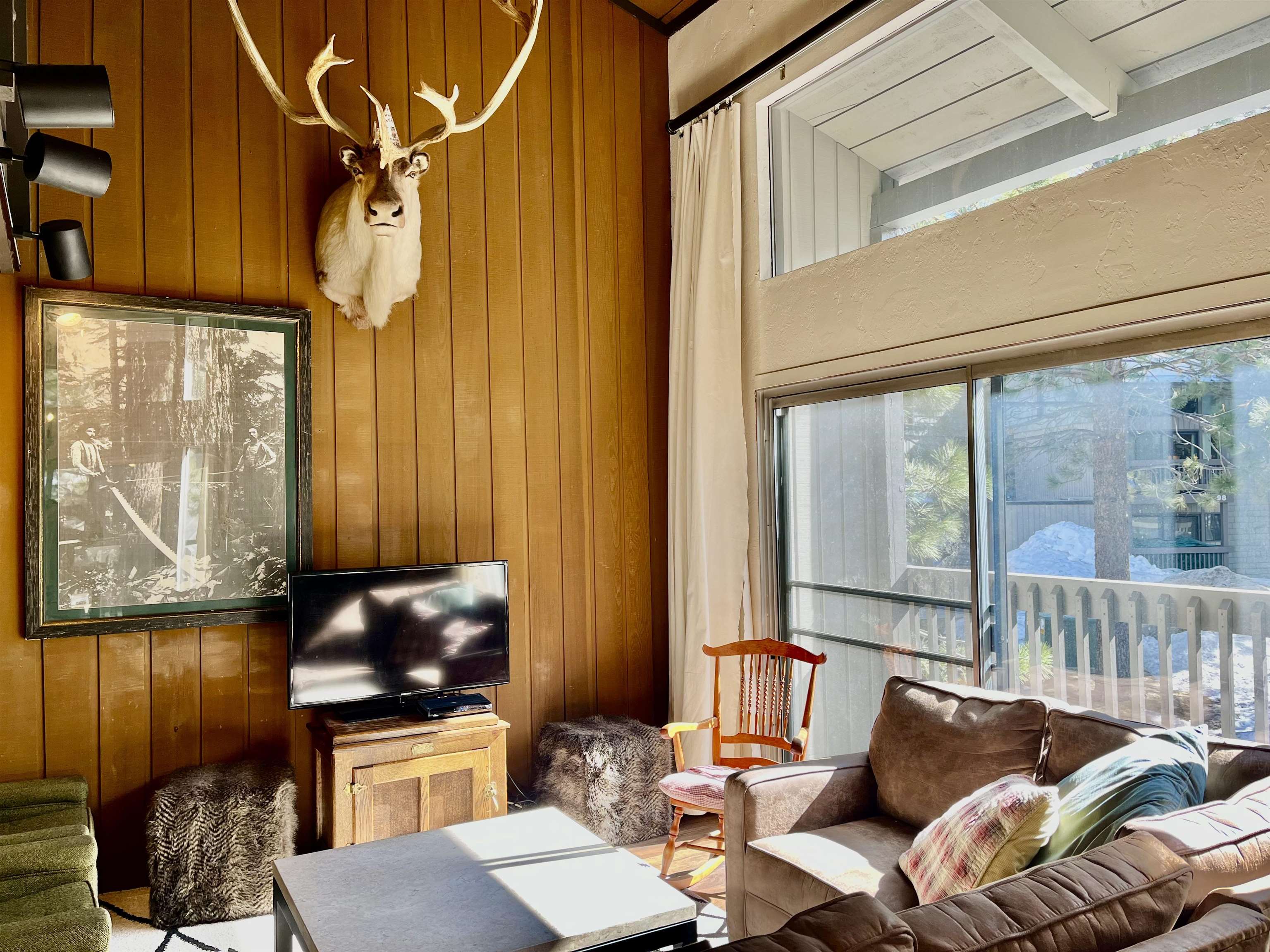 Living area with wood walls