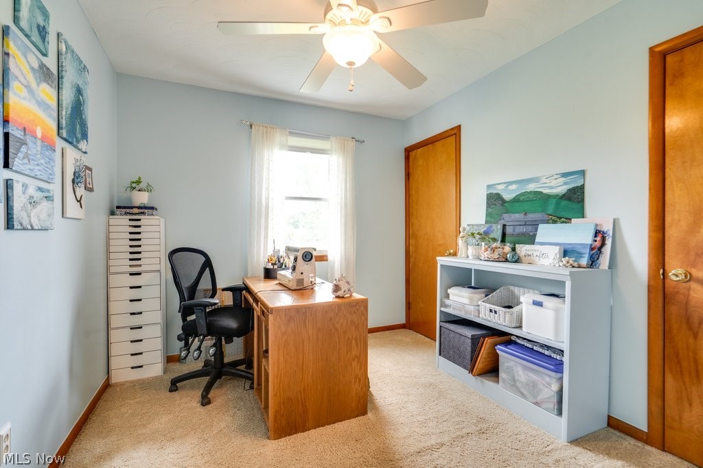 531 Porter Road Atwater, OH 44201 - Photo 18 of 44 Home office featuring light carpet and ceiling fan