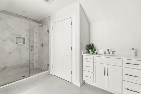 a bathroom with a shower and a sink