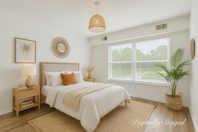 a bedroom with a bed and a large window
