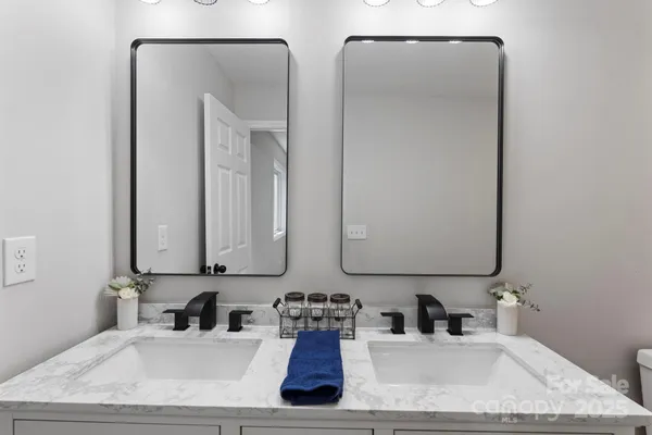a bathroom with a sink double vanity and a mirror