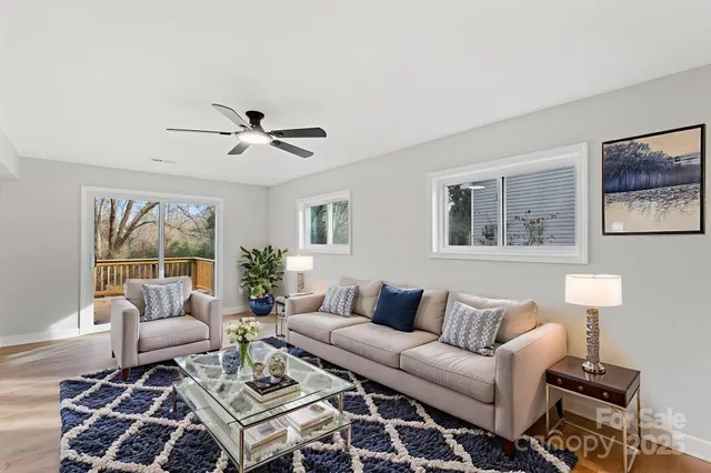 a living room with furniture ceiling fan and a rug