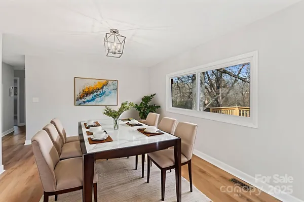 a view of a dining room with furniture window and wooden floor