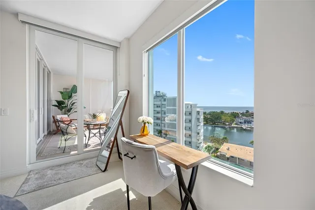 a view of a dining room with furniture window and outside view