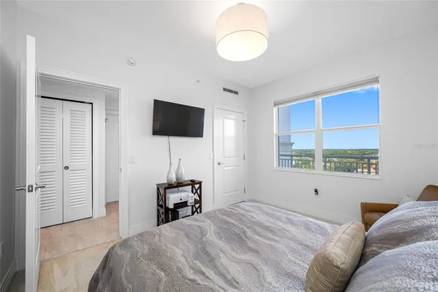 a bedroom with a bed and a flat screen tv