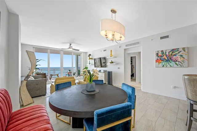a view of a dining room with furniture