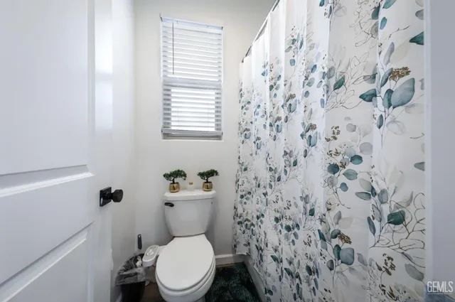 a white toilet sitting next to a shower curtain
